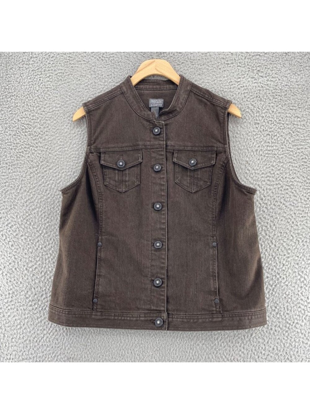 Chicos Jacket Womens 2 US Large Brown Denim Jean Vest Button Up Pockets Casual